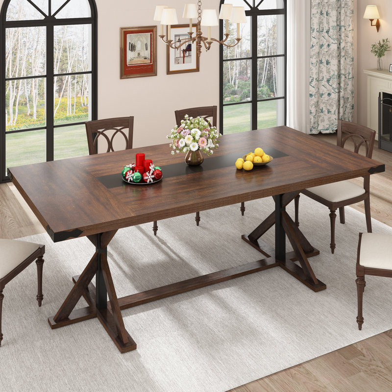 Dariusz Farmhouse Dining Table, Kitchen Rectangular Large Rustic Dinner Table, Adjustable Leg For Dining Living Room, Brown