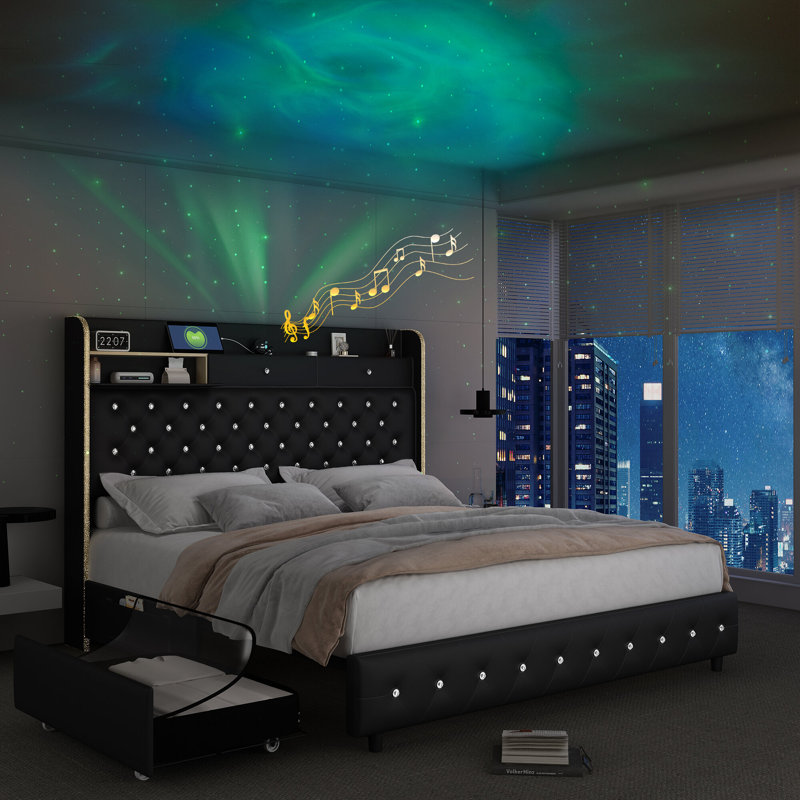 LED Bed Frame with Galaxy Projector, Charging Station, 52" Tufted Upholstered Headboard & 2 Drawers, Black, Queen