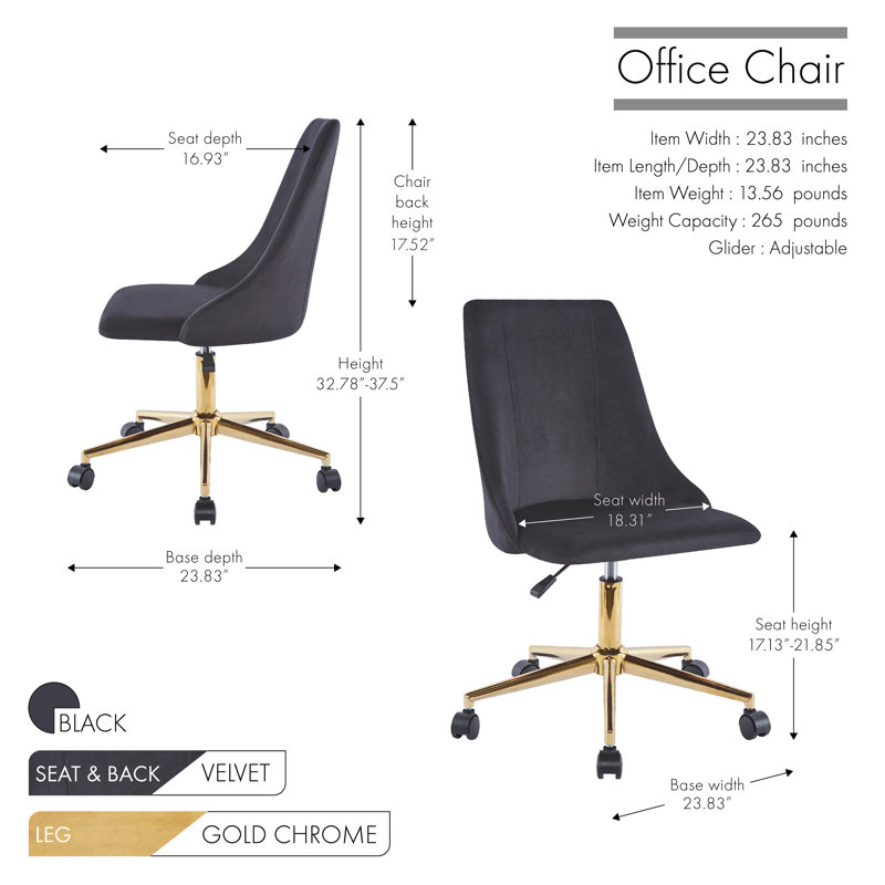 Torrance Velvet Upholstered Office Chair with Gold Accent Base, Black