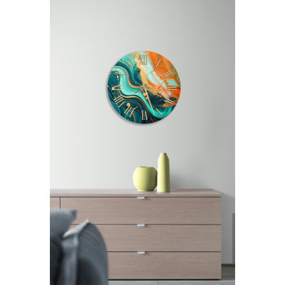 Horloge murale moderne abstraite sarcelle, orange et or tourbillon encre en verre trempé silencieux