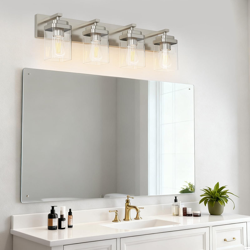 4-Light Square Bathroom Vanity Light, Rectangle Large Backplate Modern Over Mirror Wall Lighting Fixture, Nickel