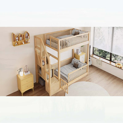 Lit superposé simple au-dessus d'un lit simple avec échelle de rangement, bois naturel, idéal pour les plafonds bas et les familles multi-membres