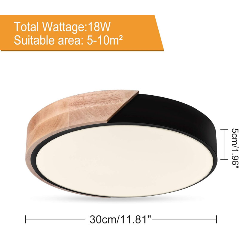 Plafonnier encastré rond en métal avec télécommande, Noir, L 11,8 po x P 11,8 po