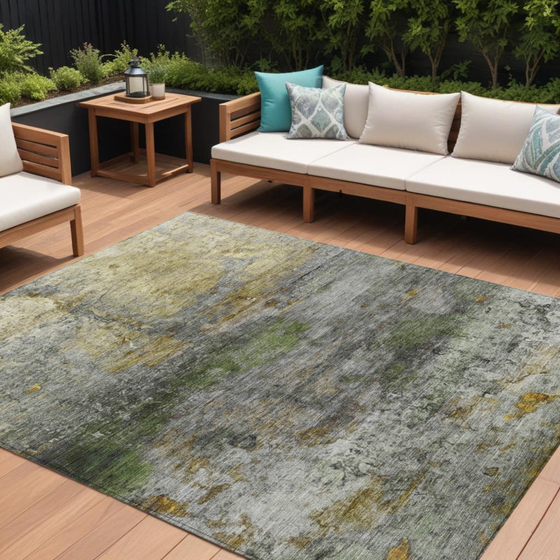 Tapis extérieur lavable abstrait vert or et gris 9 'X 12' Olive