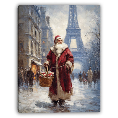 «Santa in Paris with Eiffel Tower», art mural sur toile