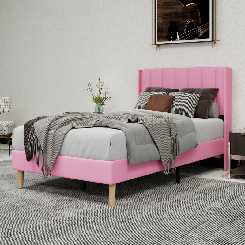 Lit plateforme tapissier avec tête de lit, Simple, Rose