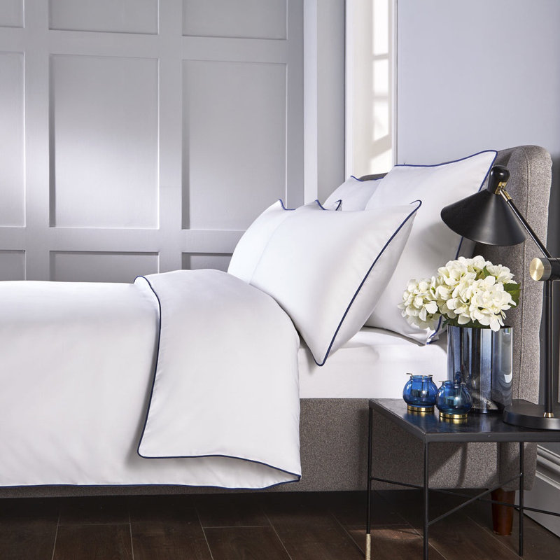 400 Thread Count Piped Edge Duvet Set, Double Duvet Cover Set + 2 Additional Pieces, White/Navy
