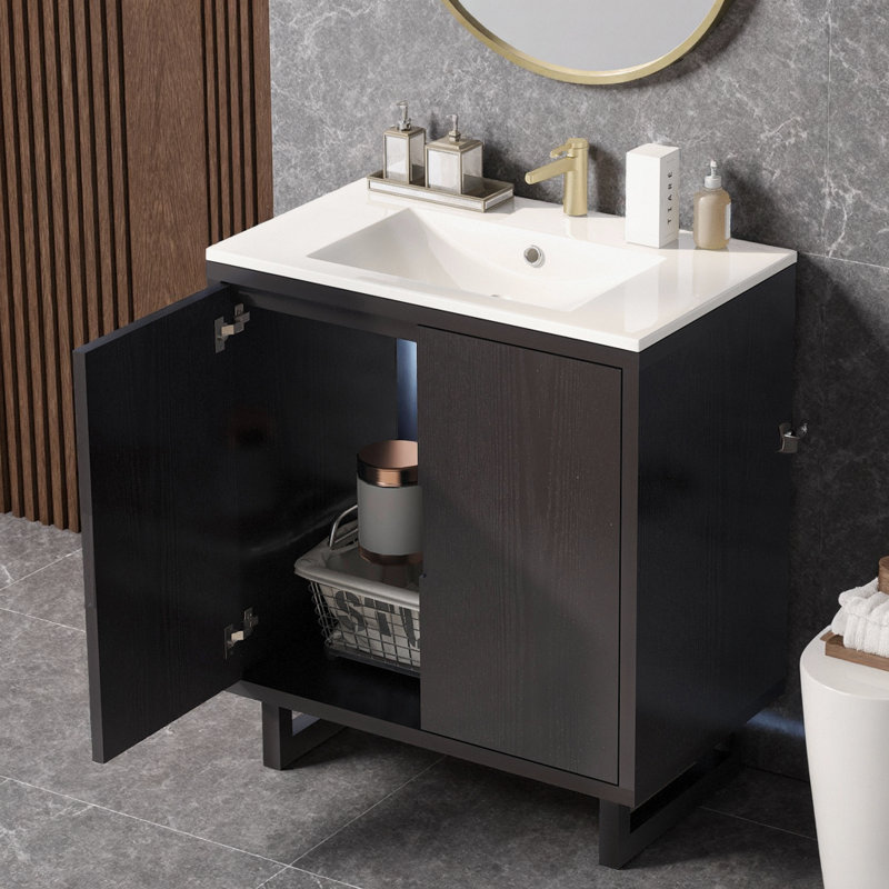 Ensemble de meuble-lavabo 30 po avec lavabo en résine, armoire en bois massif avec portes à fermeture en douceur, pieds en bois massif, rangement sous le comptoir, trou de robinet simple, style transitionnel pour petite salle de bain