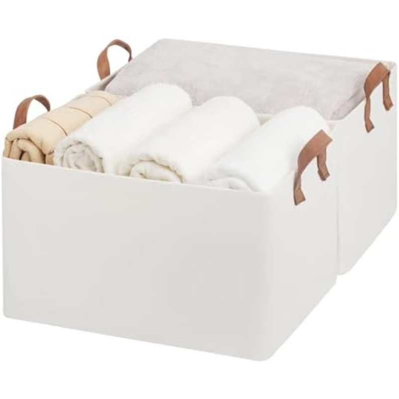 Très grand bac de rangement en tissu 45 po avec poignées en polyuréthane, paniers de rangement pour l'organisation, grand panier à linge, paquet de 2, beige, L 19 po x l 13,25 po x H 11 po