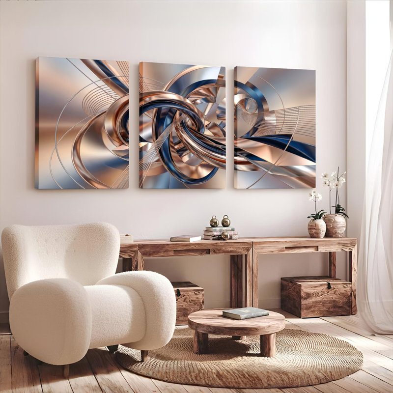 Ensemble de 3 tableaux abstraits en spirales métalliques sur toile tendue, pour une décoration murale moderne dans un salon, une chambre ou un bureau.