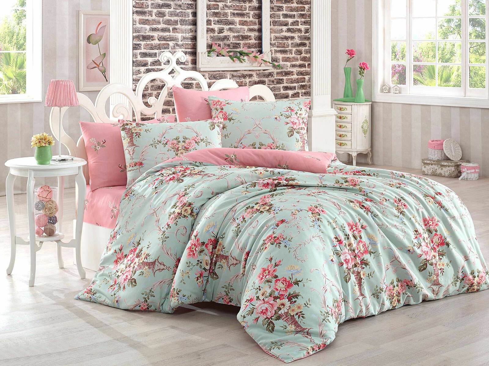 Mirabel Pink/Green/Pista Cotton Blend 3 Piece Duvet Cover Set