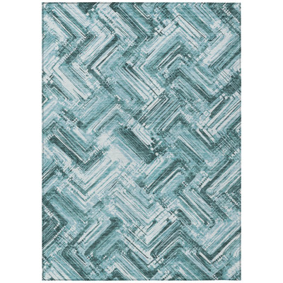 9' X 12' Teal Blue Aqua And Ivory Geometric Washable Indoor Outdoor Area Rug