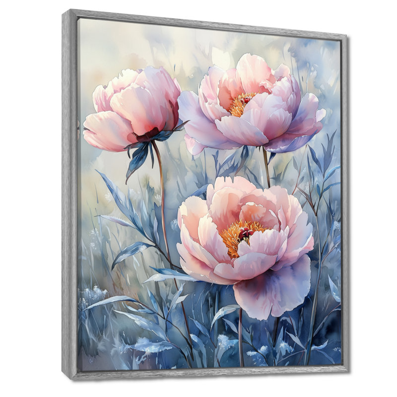 Frosty Field, pivoines élégantes II - pivoines, art mural encadré, Argent argent, Reproduction avec cadre flottant