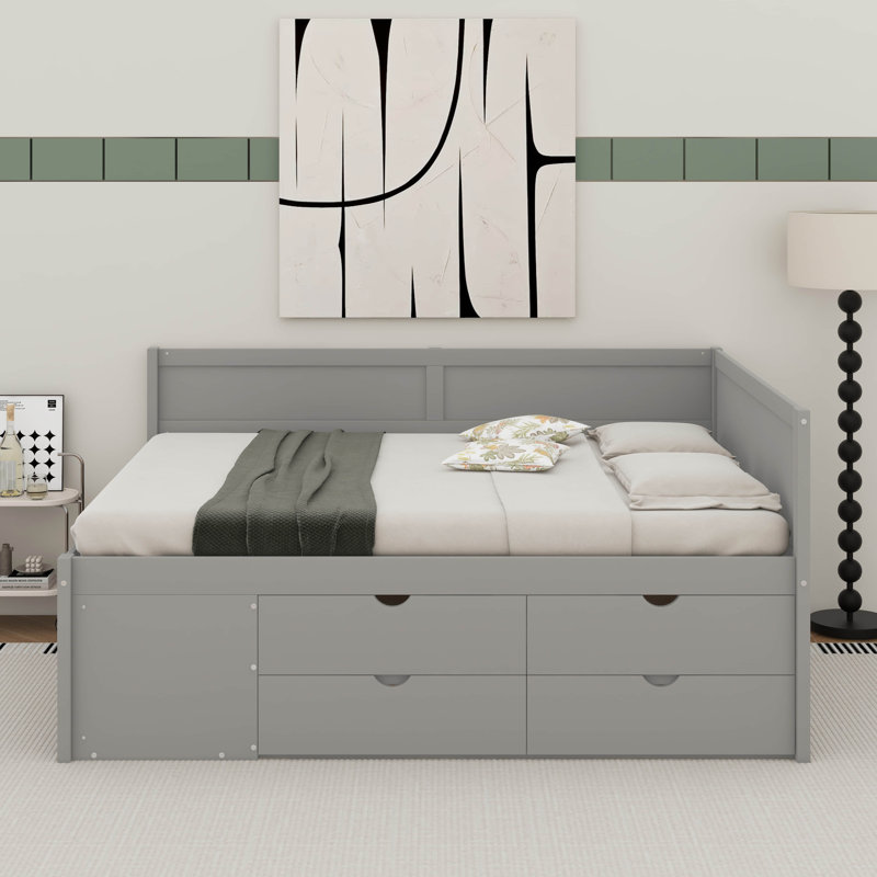 Lit de jour avec tiroirs et tablettes, Gris, Lit double