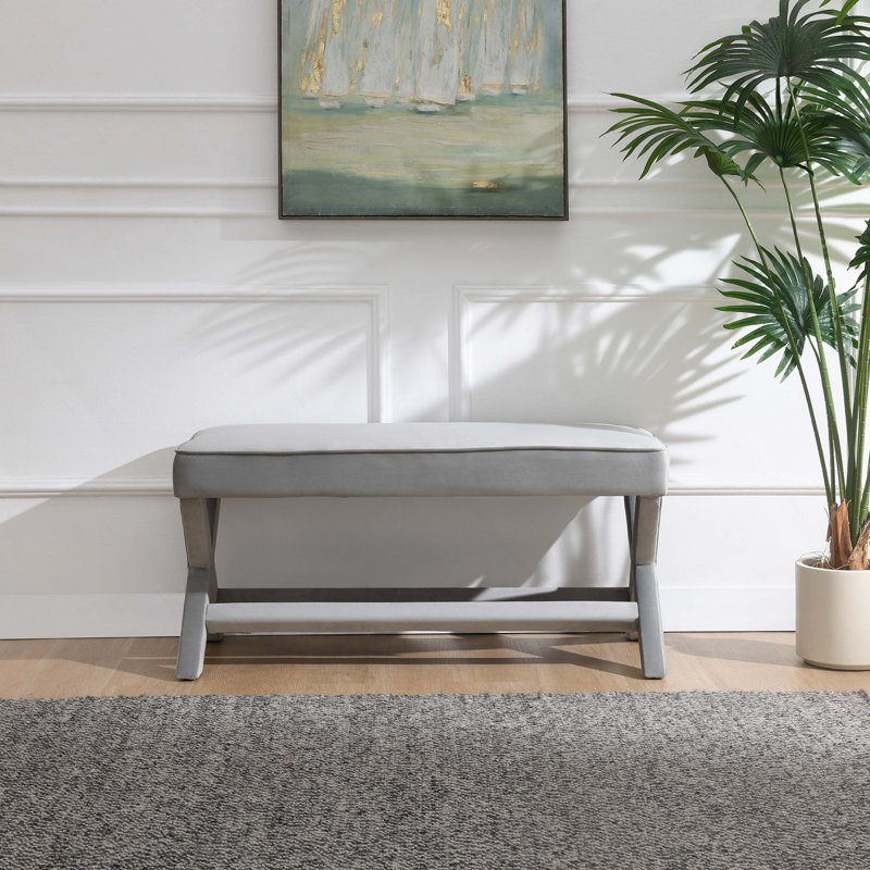 Double banc Comfort recouvert de tissu de velours, tabouret avec pieds élégants en X, coussin confortable avec passepoil, velours gris clair