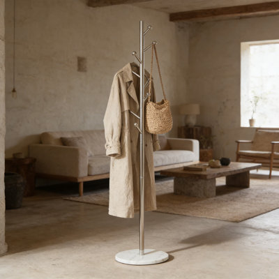 Portemanteau autoportant avec base en marbre, 8 crochets et tringle en acier robuste, support à vêtements moderne pour vestibule, salon, chambre à coucher ou bureau