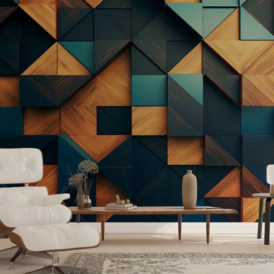 Modern Blue Wood Geometric 3D Panel Wall Mural Design