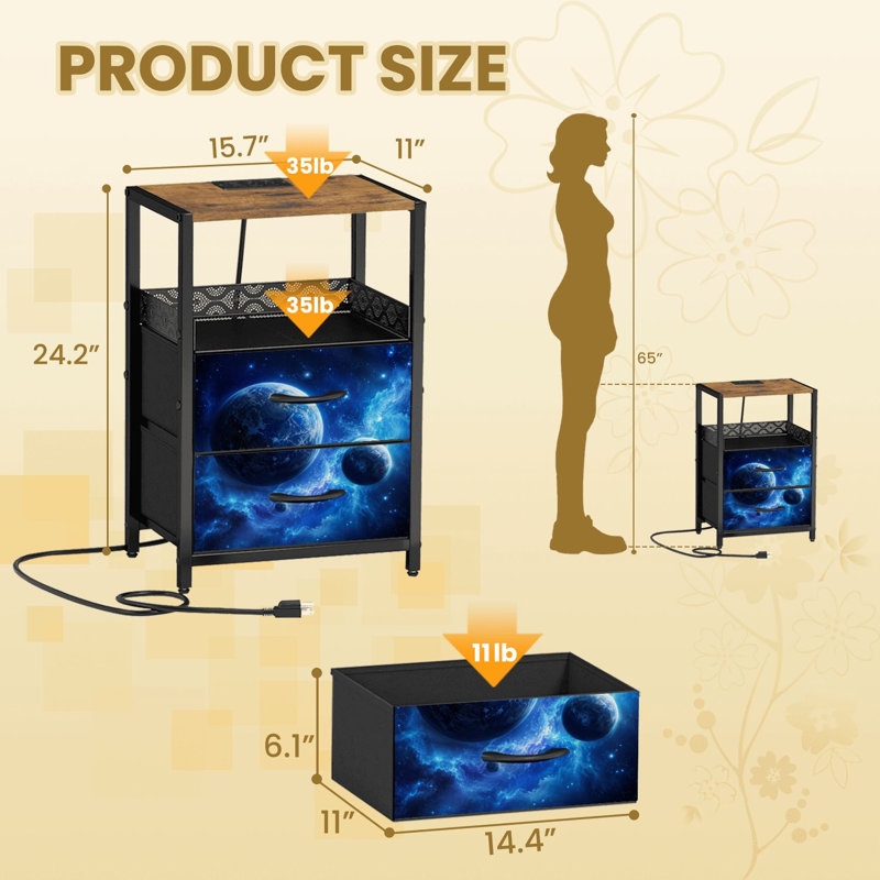 Table de chevet 2 tiroirs en tissu avec station de charge Cosmic Blue Galaxy