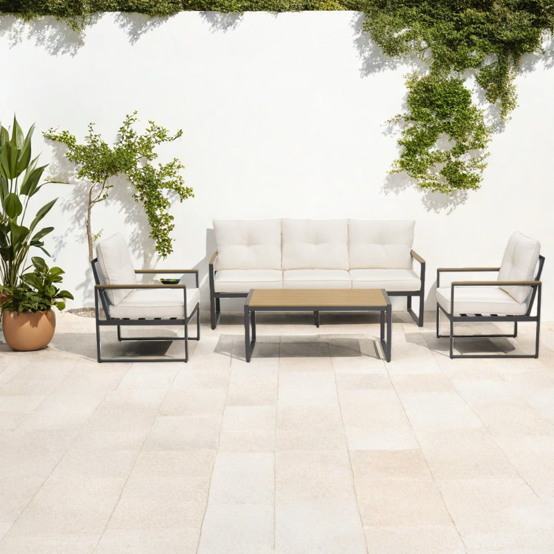 Siège, ensemble de canapés de patio, coussins beiges modernes à structure en acier pour le jardin