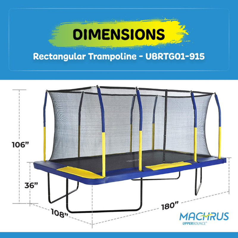 Machrus Plexalife 15' x 9' Rectangle Backyard Trampoline with Safety Enclosure, Blue/Yellow