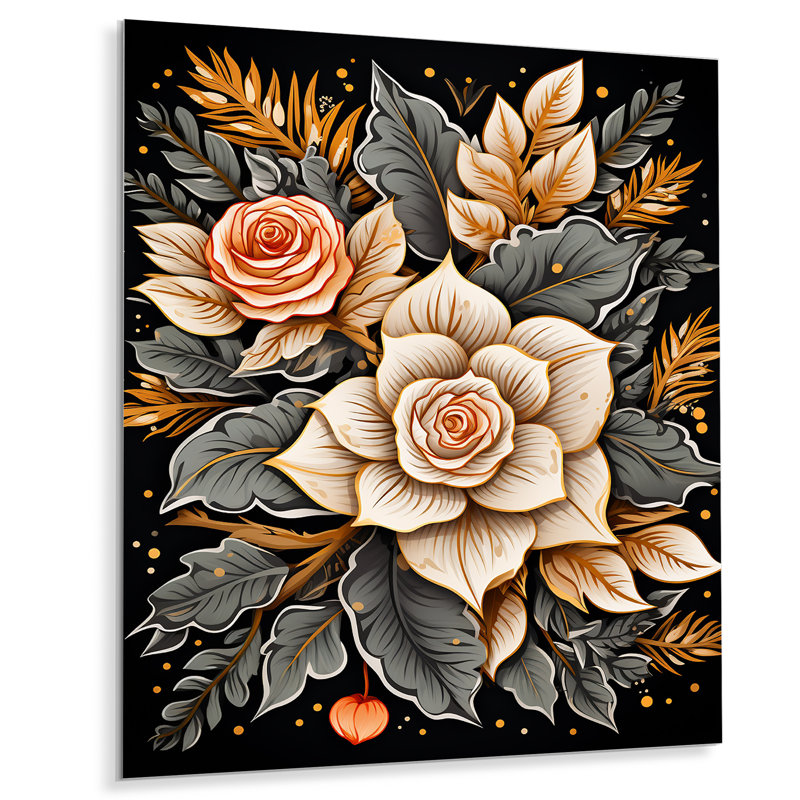 Rose blanche, feuilles dorées, rétro, illustration, roses, art mural, salon, Métal métal, H 32 po x l 24 po x P 1 po