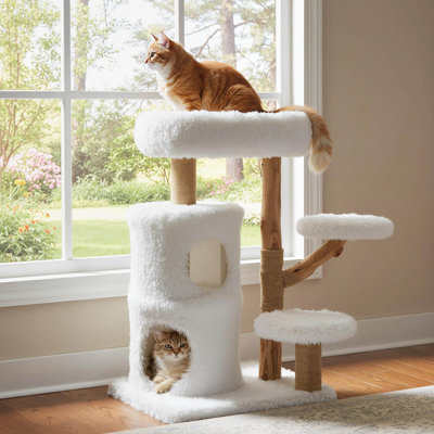 Tour pour chat 30,5 avec branches en bois massif, poteaux à griffer, condo de 2 étages blanc + naturel