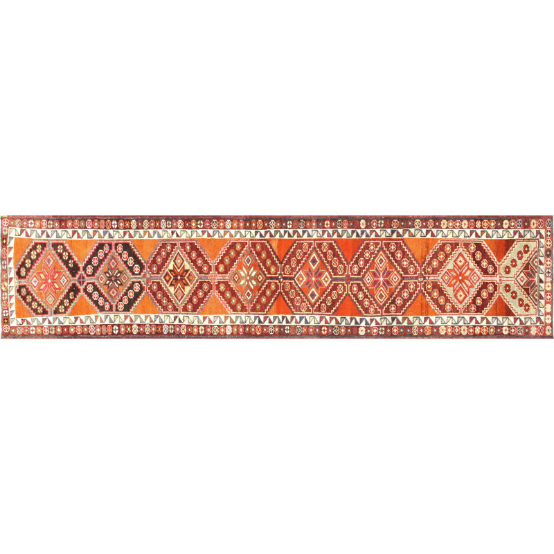 Tapis de couloir unique en laine noué à la main de style années 1960 de 2 pi 11 po x 13 pi 1 po en rouge / brun / orange / ivoire