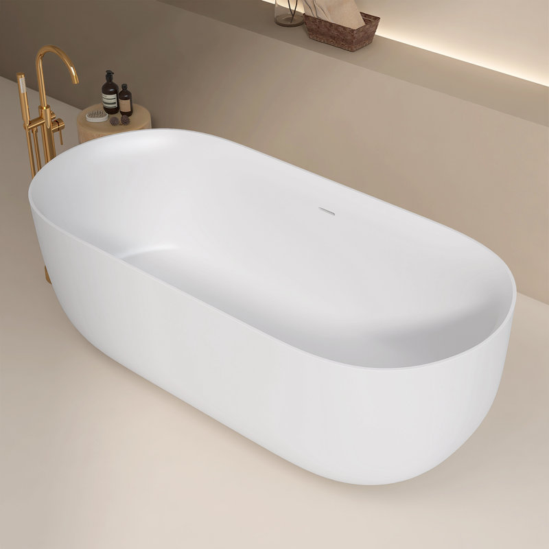 Baignoire autoportante de 63 po en résine solide à surface solide de conception contemporaine avec bonde escamotable et trop-plein blanc mat 63 po