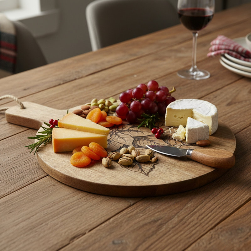 Planche à fromage ronde en bois de manguier de 25 cm (10 pouces) avec poinsettia gravé