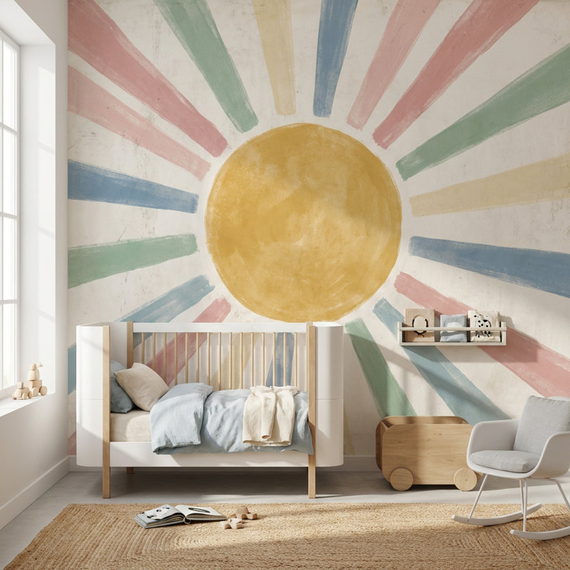 Panneau mural soleil rayonnant géométrique Sun, 140 po x 108 po, Peler et coller