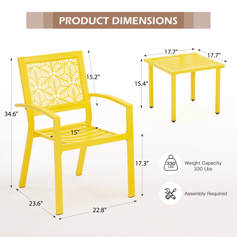 Outdoor Bistro Set 3 Piece Set - Comfortable Metal Patio Chairs And Small Table, Floral Back Design, Waterproof, Uv Resistant For Porch, Balcony, Garden, Backyard, Poolside