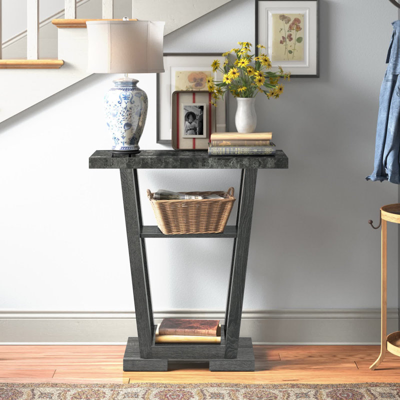 Carce 31.5" Console Table with Shelves, Black Faux Marble/Weathered Gray