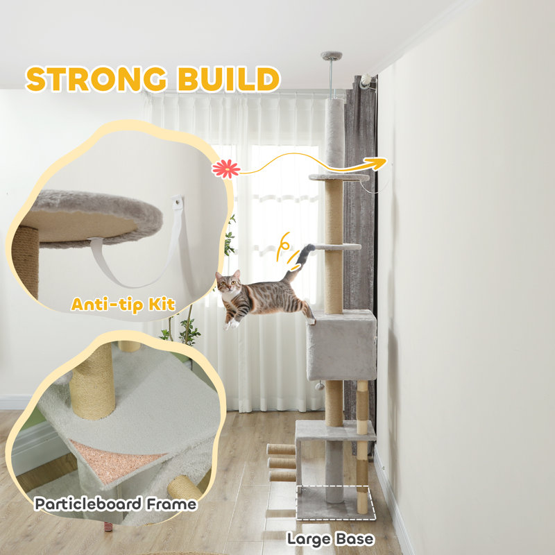 Floor to Ceiling Cat Tree 89"-104" Adjustable Height, Light Grey