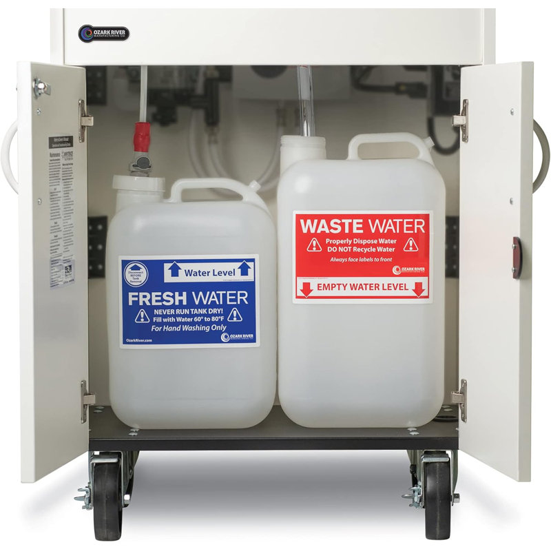 Ozark River Portable Sinks Premier S1, Black Laminate Cabinet/Stainless Sink Basin, Mobile Hot Water Hand Washing Station with Water Tanks, NSF-Certified No-Plumbing 110v Handwashing Sink with Wheels, Silver