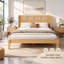 Queen Size Bamboo Wood Platform Bed Frame with Curved Semi-Circular Rattan Woven Headboard, Smooth Round Edge Low Profile Bed, Sturdy Slat Support-416188666