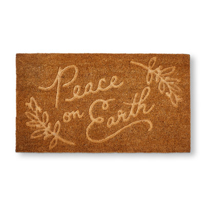 Peace On Earth Embossed Non Slip Coir Outdoor Indoor Door Mat Brown Christmas
