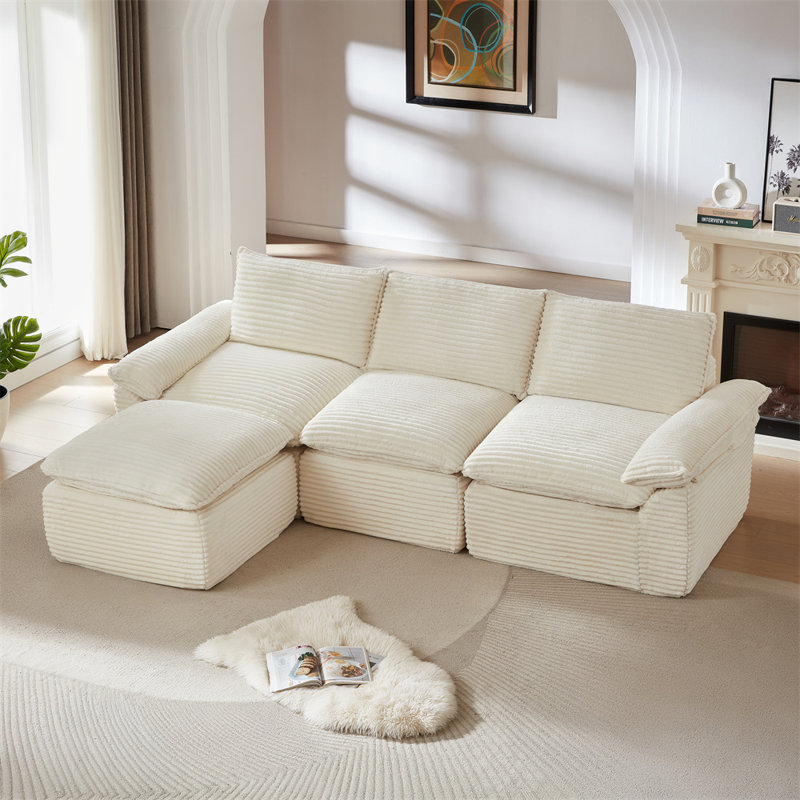111.03" Modular Sectional, White Corduroy