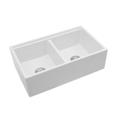 White Farmhouse Sink Workstation - 33 x 20 x 10 inch White Porcelain Ceramic Double Bowl Farm Kitchen Sink