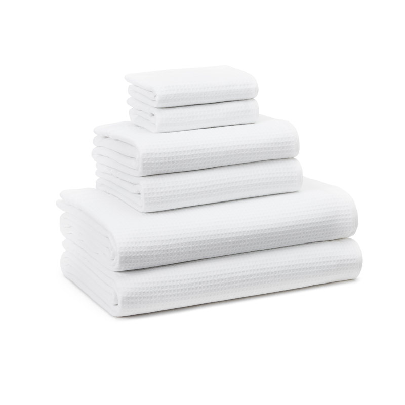 TOWN & COUNTRY BASICS 6-Piece Assorted Waffle Woven Terry Stripe Set, 2 Bath, 2 Hand, 2 Wash, 100% Cotton, Quick Dry, White