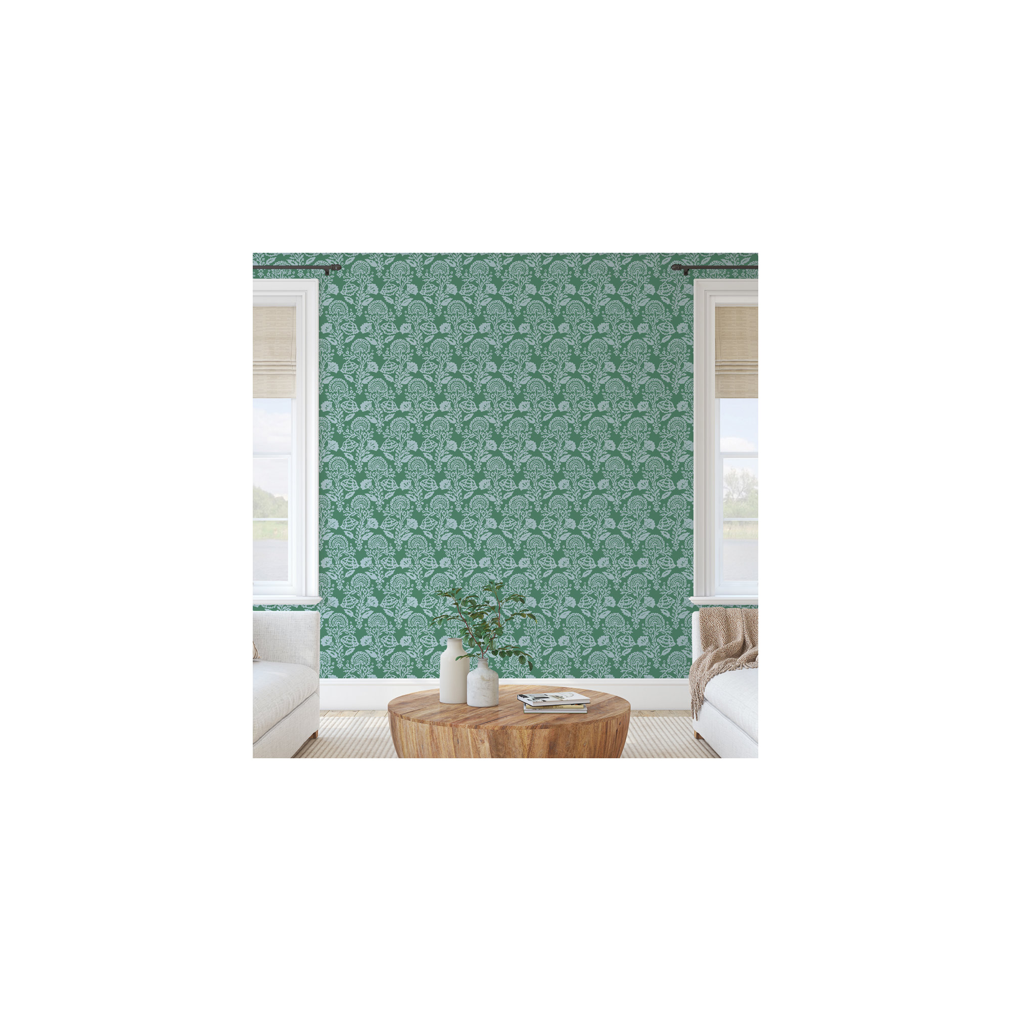 Floral Damask Peel and Stick Wallpaper, Green