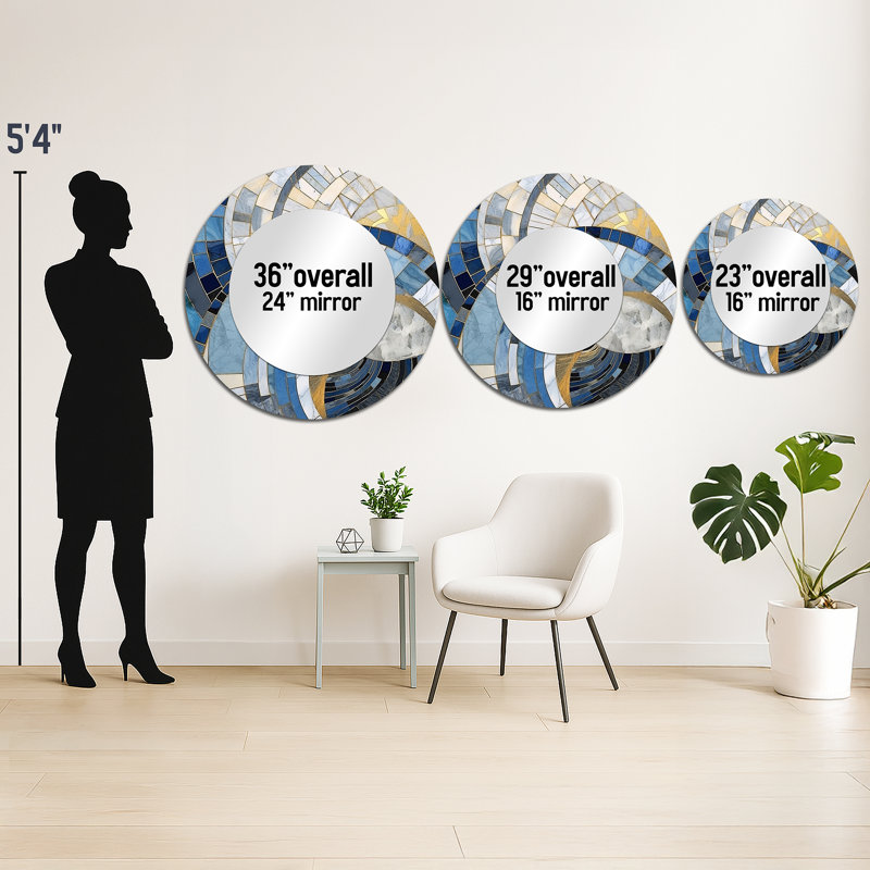 Gold Constructing Blue Realms I - Abstract Shapes Large Mirror, Modern Round Decorative Wall Mirror, Printed Metal Art