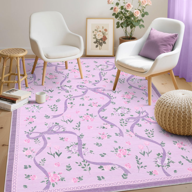 Washable Area Rug Bow Décor, Purple, Rectangle 3' x 5'