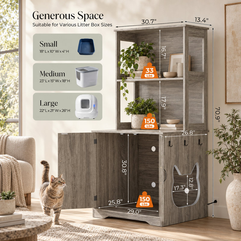 Enceinte de litière pour chat avec station de charge, armoire à litière cachée pour chat avec prise de courant, ports USB et Type-C, tablettes de rangement, grand mobilier d'intérieur pour chat, gris rustique