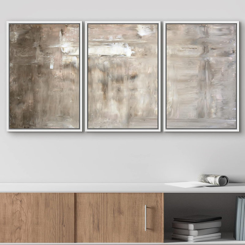 Gris et blanc, coup de pinceau, champ de couleur, formes abstraites, art moderne chic, ultra 3 pièces, Cadre flottant blanc