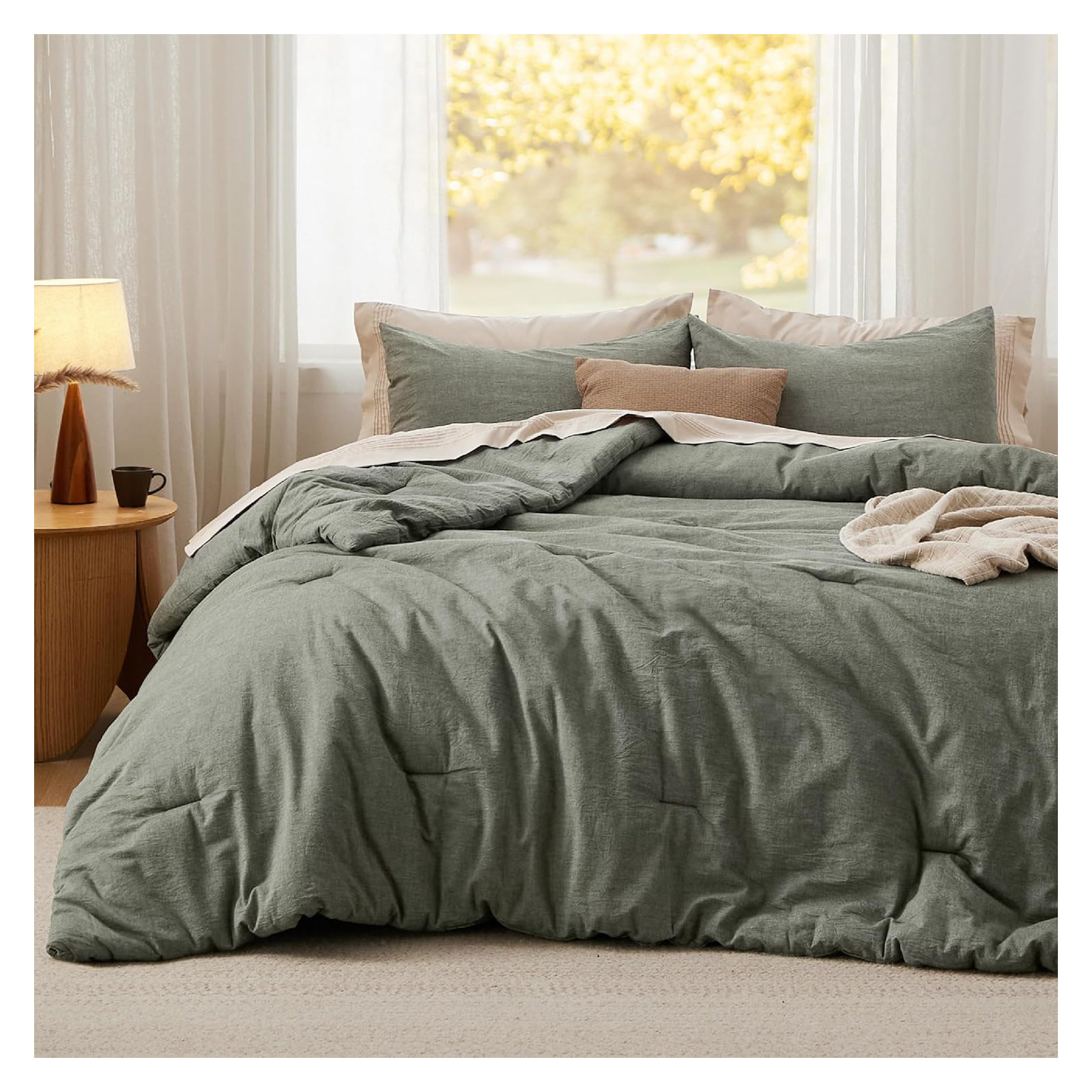 Bedsure Pre-washed Comforter Set with 100% Cotton Outer Covert,  143TC, Queen Comforter + 2 Additional Pieces, Bronze Green