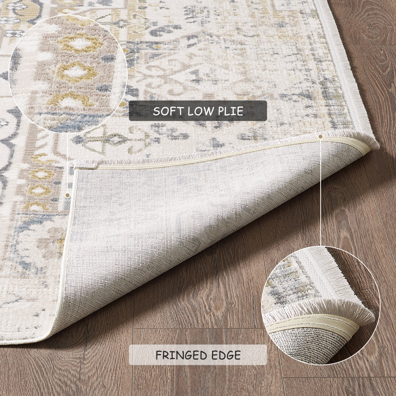 Boho Vintage Fringe Area Rug In Cream/Beige/Gray/Yellow/Blue Carpet For Living Room, Bedroom, Hallway Runner
