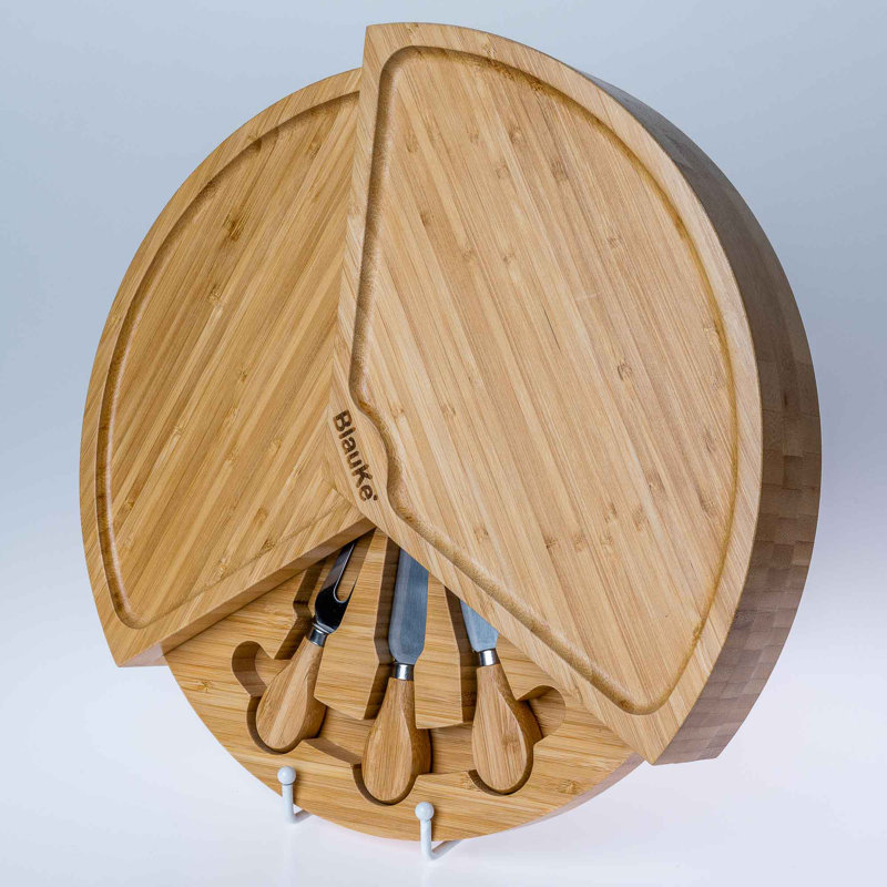 Bamboo Cheese Board and Cheese Tool Set - 37cm Round Charcuterie Board with Slide-Out Drawer - Wooden Cheese Board Gift Set