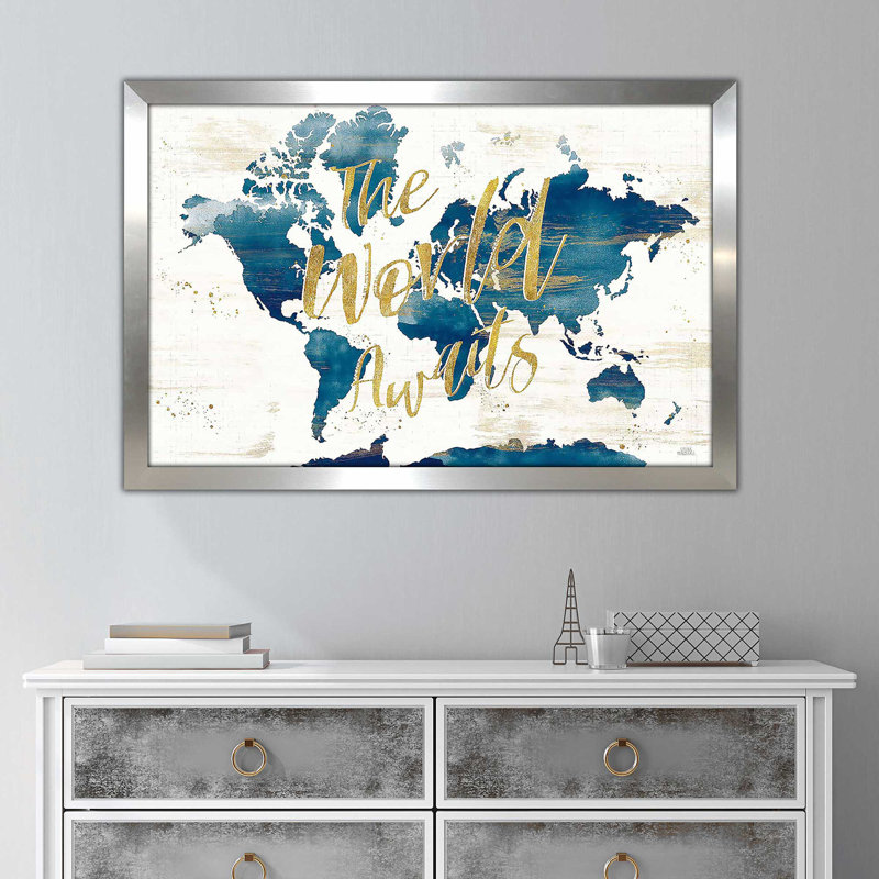 «Desert Blooms Abstact Map the World» par Laura Marshall - impression, Encadrement argenté, H 21,5 po x l 27,5 po x P 0,75 po