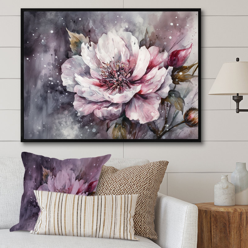 Pivoines roses et vertes sur une branche I - impression, H 12 po x l 20 po x P 1 po, Cadre flottant noir