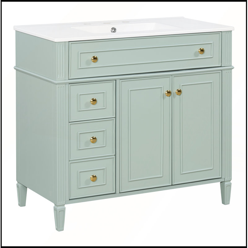 Meuble-lavabo 36 po avec lavabo, armoire en bois massif vert, tiroir rabattable, 3 tiroirs, 2 portes à fermeture en douceur, poignées dorées, design moderne, deux ensembles